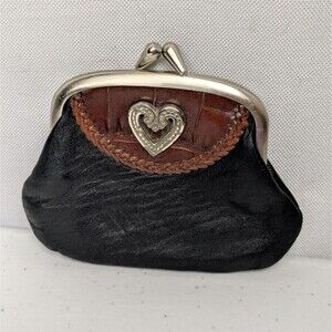 Vintage Brighton Coin Purse Leather Black/Brown Silver Heart Lined Kiss Lock